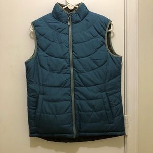 Black Diamond women’s puffer winter vest, reversible blue/brown, size medium
